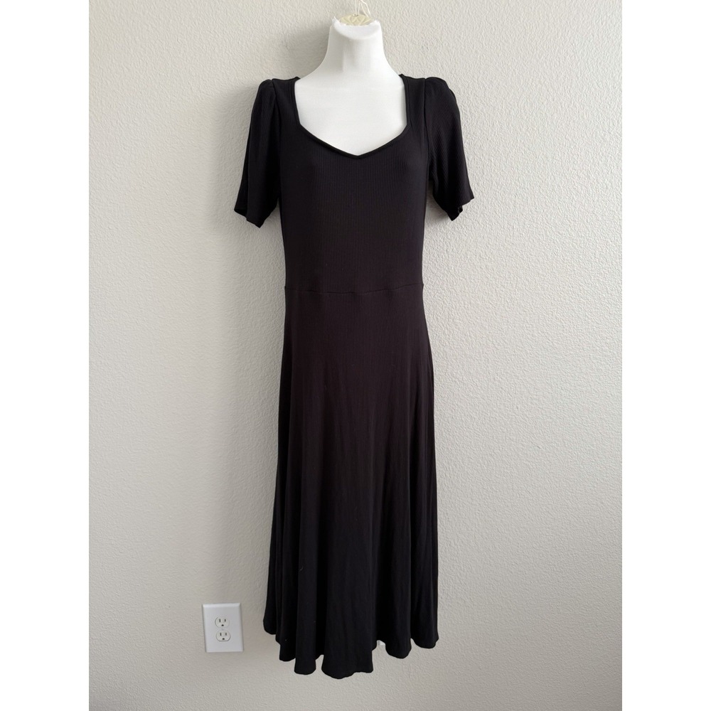 LOFT Small Minimalist Black Midi Dress Soft Girl Balletcore Fit Flare RIbbed
